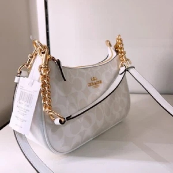 Coach Handbags - Coach White Signature Jacquard Shoulder Bag with Gold Hardware